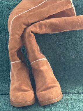UGG- Camel Suede Over-the-Knee Boots with Shearling Trim.